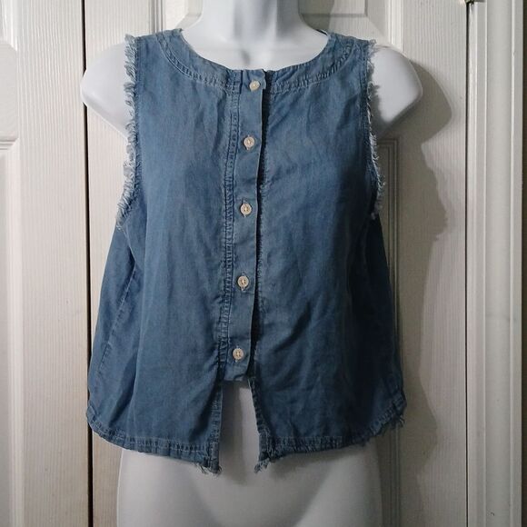 Thread & Supply Denim button down sleeveless raw hem top Sz S EUC - Picture 1 of 7